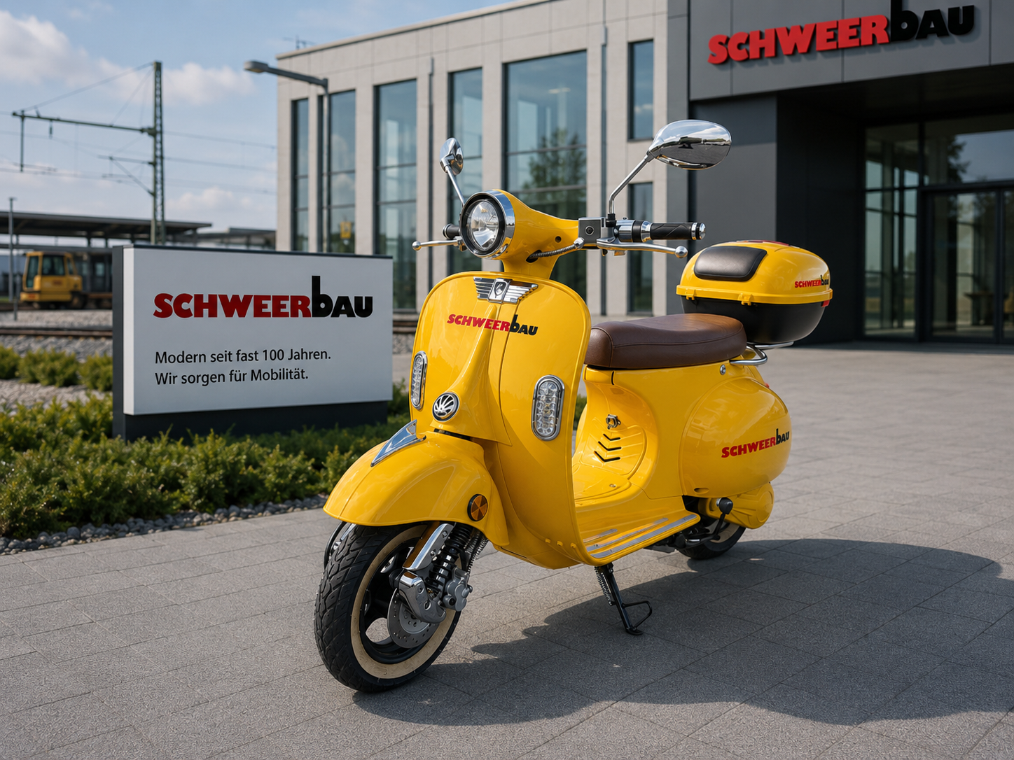 Gelber SCHWEERbau DeutschlandRoller vor der Firmenzentrale